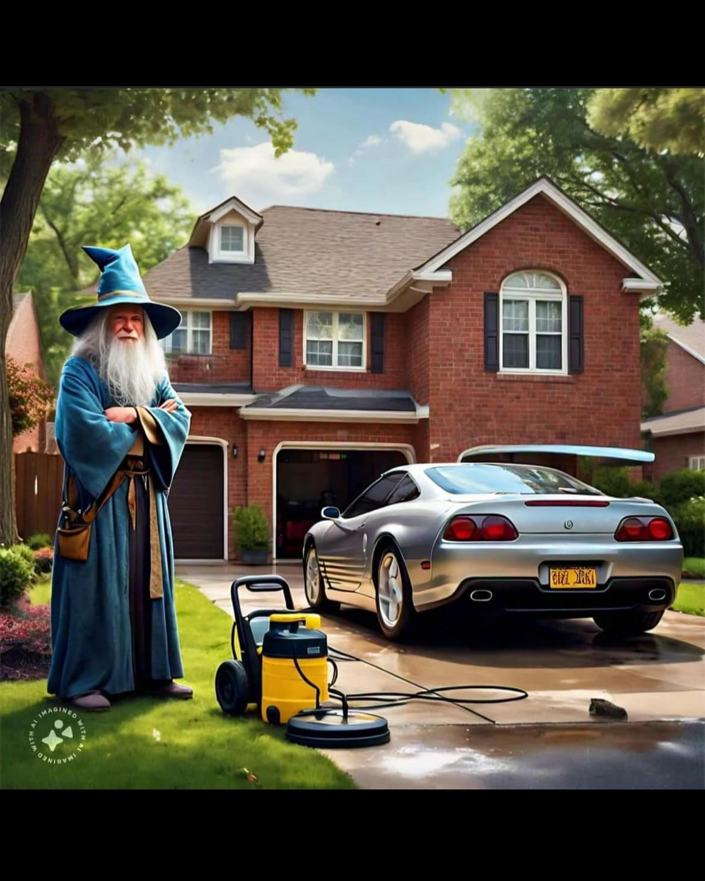 Wash Wizards wizard mascot with mobile detailing and pressure washing equipment